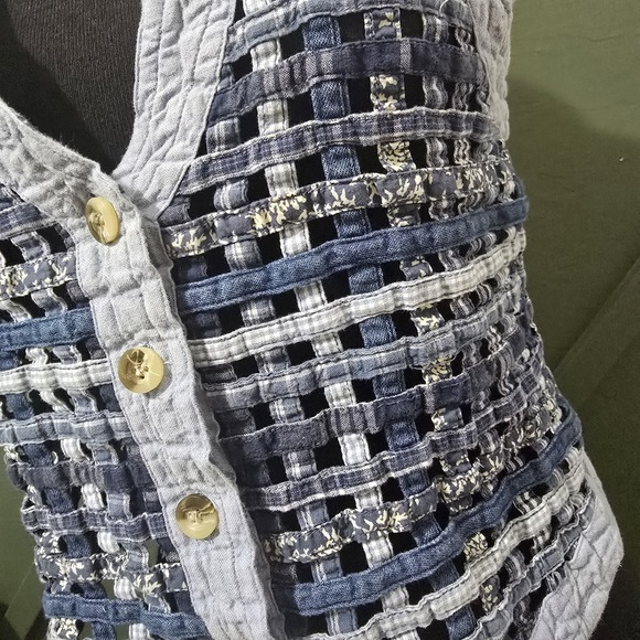 Victoria Jones Lattice Patchwork Denim Vest Womens Petite Medium - Picture 2 of 5